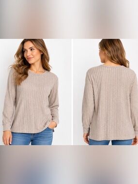 Susan Graver Weekend Ribbed Knit Long Sleeve Top – Beige/Taupe – Size XS